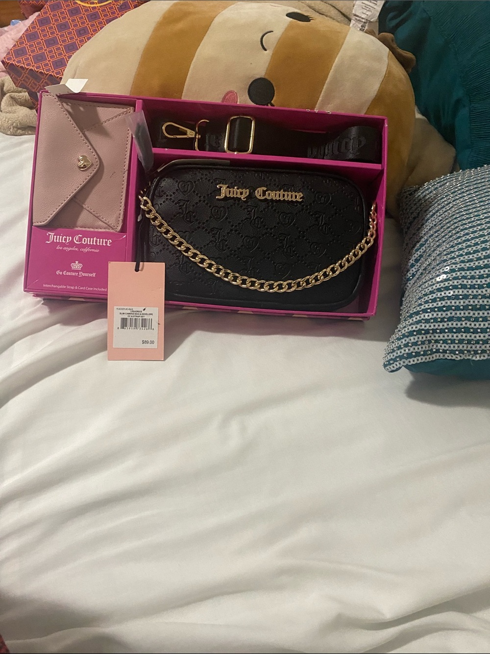 Juicy Couture Black Quilted Logo Crossbody with Gold Chain Accent